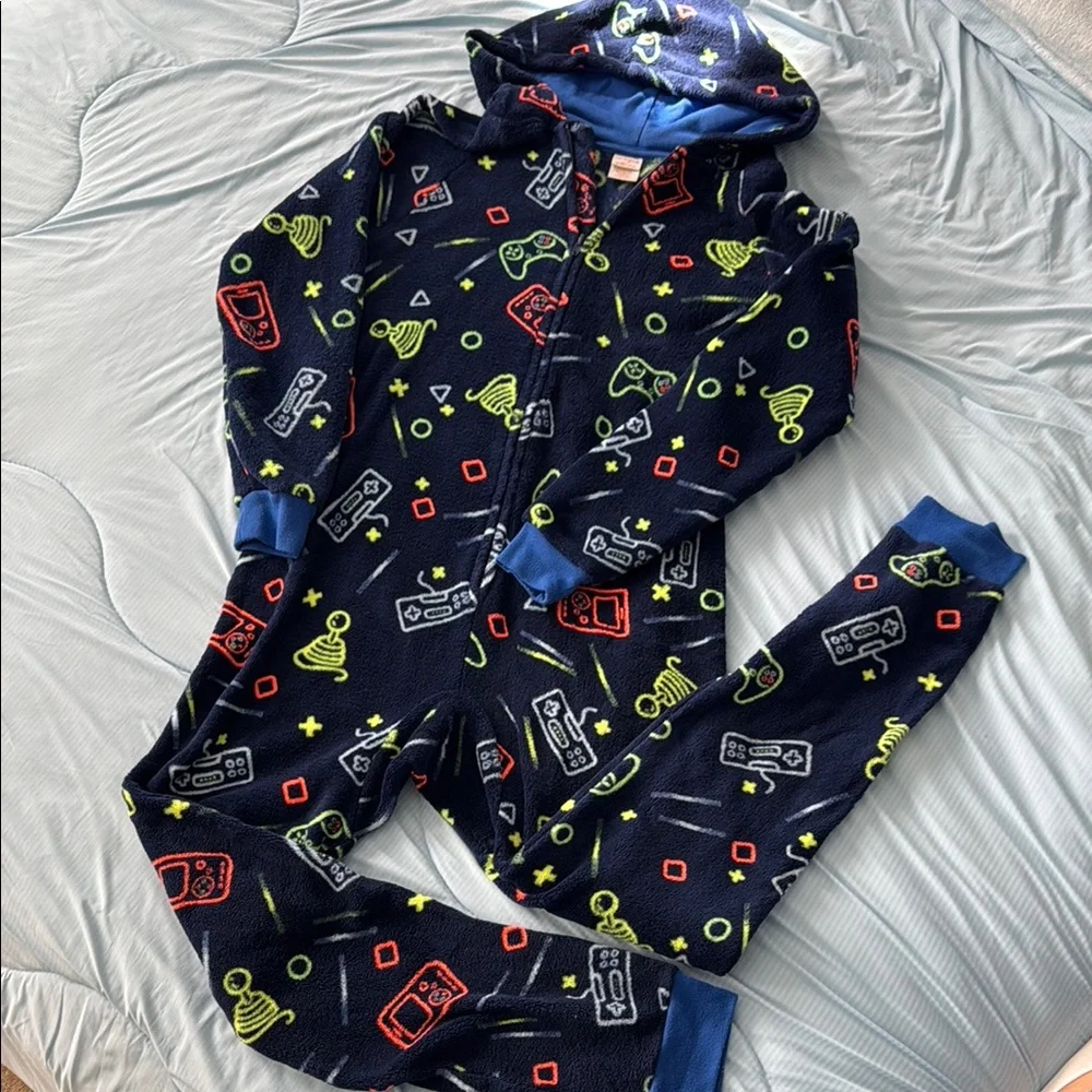 Super warm!!! Kids Navy Blue Gaming Print One Piece fleece pajamas